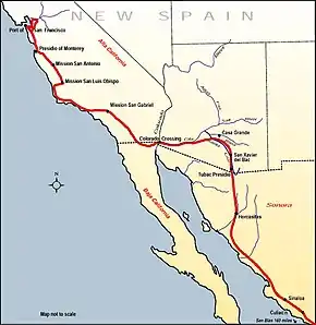 Image 42Map of the route taken by the Anza Expedition of 1775–76, from the Presidio of Tubac to San Francisco Bay. (from History of California)