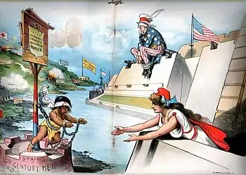 Image 1Rebel leaders engaged in extensive propaganda to get the U.S. to intervene, as shown in this cartoon in an American magazine. Columbia (the American people) reaches out to help oppressed Cuba in 1897 while Uncle Sam (the U.S. government) is blind to the crisis and will not use its powerful guns to help. Judge magazine, 6 February 1897. (from History of Cuba)