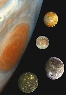 Image 24A composite montage comparing Jupiter (lefthand side) and its four Galilean moons (top to bottom: Io, Europa, Ganymede, Callisto). (from History of physics)