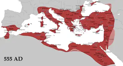 Image 19The empire in 555 under Justinian the Great, at its greatest extent since the fall of the Western Roman Empire (its vassals in pink) (from History of Turkey)