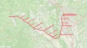 Route map showing the course of the railway line