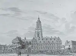 Summer palace of Frederick V in Rhenen, shown with the Cunera tower behind it, by Jan de Beijer, 1745