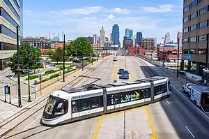 A streetcar leaving Union Station, northbound