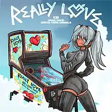 A cartoon illustration of a girl stood in front of a pinball machine, in front of a blue sky and white clouds. The title "Really Love" appears in large white font at the top, with the artists' names in small white font below.