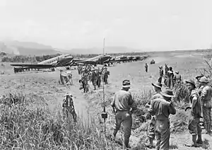 Image 89Troops of the 2/16th Battalion disembark from Dakota aircraft at Kaiapit (from Military history of Australia during World War II)