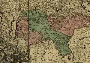 The Dzungar Khanate (a fragment of the map of Russian Empire of Peter The Great, that was created by a Sweden soldier in c. 1725)