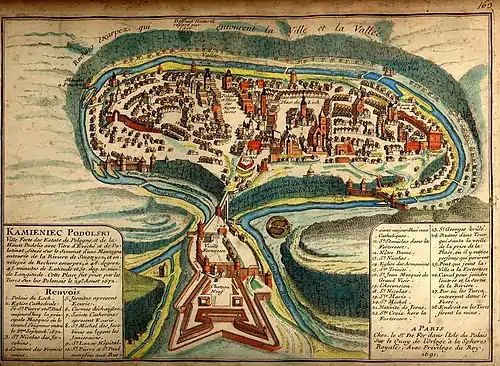 Image 3Kamianets-PodilskyiMap credit: Nicolas de FerA 1691 French map of Kamianets-Podilskyi, Ukraine, depicting the city's old town neighborhood and castle, surrounded by the winding Smotrych River. It was originally part of Kievan Rus' and annexed into the First Polish Republic, but at the time of the map's creation, the city was part of the Ottoman Empire. It shortly returned to Poland and later became part of the Russian Empire with the Second Partition of Poland in 1793.More selected pictures