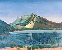 At Lake Haruna in 1940 Kanae suffered a stroke that ended his career.Painting of a lake with mountains in the background