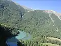 Kanas lake besides the alpine glacier