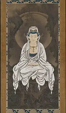 Kano Motonobu, White-robed Kannon, c. first half of the 16th century. Hanging scroll. Ink, color and gold on silk. 157.2 x 76.4 cm.