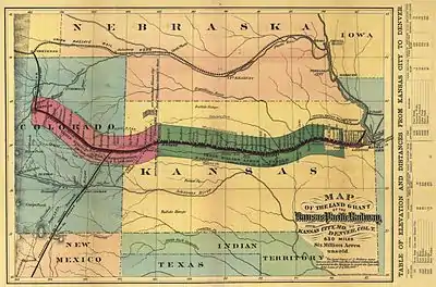 Image 29The Kansas Pacific main line shown on an 1869 map (from History of Kansas)