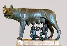 Image 74Capitoline Wolf, sculpture of the she-wolf feeding the twins Romulus and Remus, the most famous image associated with the founding of Rome. According to Livy, it was erected in 296 BC.  (from Founding of Rome)