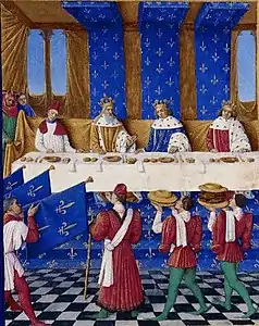 A banquet hosted by Charles V of France in honour of Emperor Charles IV of Luxembourg in the Great Hall (1378)