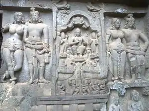 Entrance, right panel  with Mithuna couples, and central Mahayana-period panel.