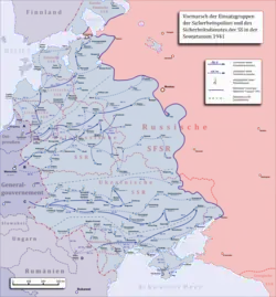 Map of the Einsatzgruppen operations with the location of the first shooting of Jewish women and children (along with the men) in Vileyka, July 30, 1941.