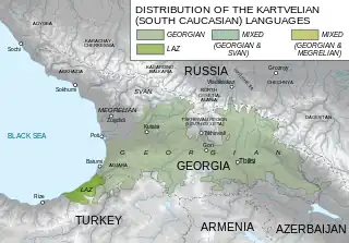 Map of Georgia with colored areas indicating languages spoken