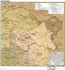Samba lies in the Jammu division (neon blue) of the Indian-administered Jammu and Kashmir (shaded tan).