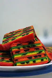 A colourful kek lapis Sarawak containing raisins served during special occasions in Sarawak.