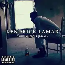 In this single cover, an empty room with a man sitting on a chair with a bottle of liquor on the floor. A sign on the bottom left reads "PARENTAL ADVISORY EXPLICIT CONTENT" in a two bars of black and a bar of white in one rectangle.