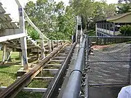 The double dip, the Jack Rabbit's signature element, as seen from the queue at left along with the ride's first drop next to it.