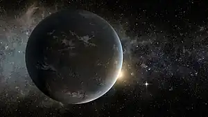 Kepler-62f (foreground) and Kepler-62e (right) depicted as habitable zone exoplanets orbiting the star Kepler-62 (center). (artist's illustration)