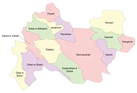 Location of Sarpol-e Zahab County in Kermanshah province (left, pink)