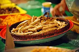 Freshly fried lekor being sold at a gerai (Malay traditional stalls)