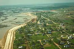 Aerial view of Keyesport in approximately 1968 when Carlyle Lake was filling from the newly constructed dam. The town is now situated directly on the lakeshore.