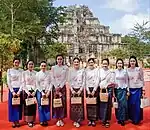 Khmer women in formal traditional clothing in front of Koh Ker