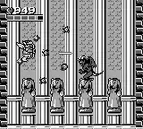 A monochrome, two-dimensional video game screenshot that shows a winged angel in combat with a horned demon. The scene takes place in a Greek temple that is decorated with goddess statues. The health bar and the number of hearts is displayed in the top-left corner.