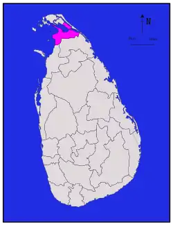 Area map of Kilinochchi District, along the northern coast of the mainland and south of the Jaffna peninsula, in the Northern Province of Sri Lanka