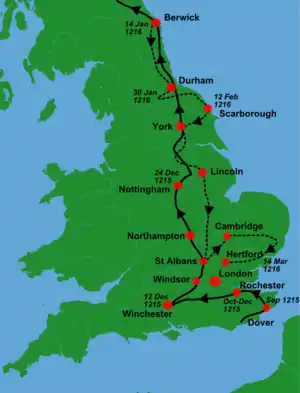 A map of England showing King John's march north and back south with solid black and dashed arrows.