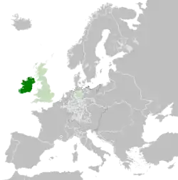 The Kingdom of Ireland in 1789; The Kingdom of Great Britain and the personal union in light green