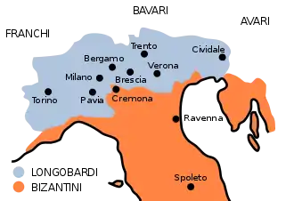 A map of Italy divided in orange and green colors, with a green blot for "Longobard" an orange one for "Byzantine"