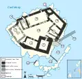 Floor plan of Kisimul Castle, Scotland, United Kingdom. 1 Keep  2 Kitchen 3 Tanist House 4 Postern 5 Marion of the Head's Addition 6 Great Hall 7 Watchtower 8 Chapel 9 Gockman's House 10 Courtyard 11 Gate 12 Slipway 13 Creek 14 Breakwater wall 15 Crew's house