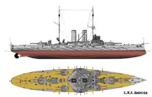 Illustration of this type of vessel; the ship carried two large gun turrets on either end and four smaller turrets arranged around two tall smoke stacks in the center.