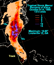 Colored rainfall amounts for the amount of rain and mentioning its peak amount stretching from as south as the Florida Keys, through Georgia, where it peaked, and up to Pennsylvania, New Jersey and Ohio, where it caused minor rains