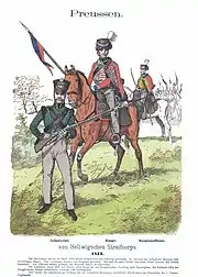 Colored print of von Hellwigsches Streifcorps shows a foot soldier in a green jacket with light gray breeches holding a musket. There two horsemen wearing red hussar jackets and light gray trousers, one with a lance and the other with a saber.