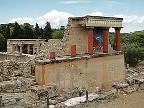 Image 85Restored North Entrance with charging bull fresco of the Palace of Knossos (Crete), with some Minoan colourful columns (from Culture of Greece)