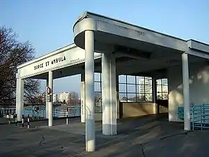 The entrance to the covered bridge in Piešťany, designed by Belluš 1930–31, completed 1932