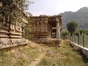 The Gopinathswami Temple near the Fort. The surviving fortifications can be seen on the hill top.