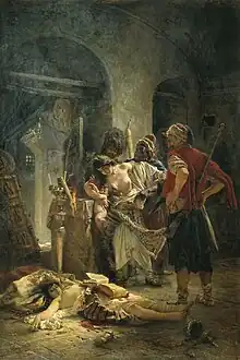 The Bulgarian Martyresses (1877), painting by Konstantin Makovsky depicting the rape of two Bulgarian women in a church by one African-looking and two Turkish-looking bashi-bazouks, during the April Uprising.