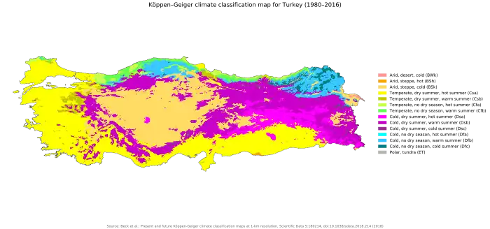 map of Turkey, roughly a horizontal rectangle, showing a complex pattern of climate types, including a far amount of cold especially in the north and east