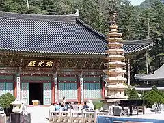 Woljeongsa's Octagonal Nine Story Stone Pagoda stands in front of the main worship hall