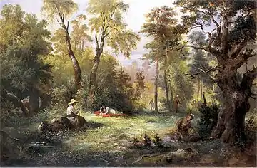 Illustration to Book III of Pan Tadeusz by Adam Mickiewicz. Picking Mushrooms, painting by Franciszek Kostrzewski, ca. 1860.