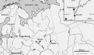 Map showing the Kotelnich locality in Russia where Viatkogorgon was found