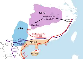 Image 23Kra-Dai (Tai-Kadai) migration route according to James R. Chamberlain (2016). (from History of Laos)