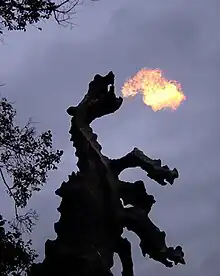 Fire-breathing Smok Wawelski below Wawel Castle, slain in Krakus's days