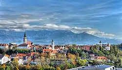 View of Kranj with St. Cantianus and Companions Parish Church (left) and Our Lady of the Rosary Church (right)