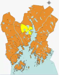 Map of Kristiansand with Justvik district highlighted in yellow